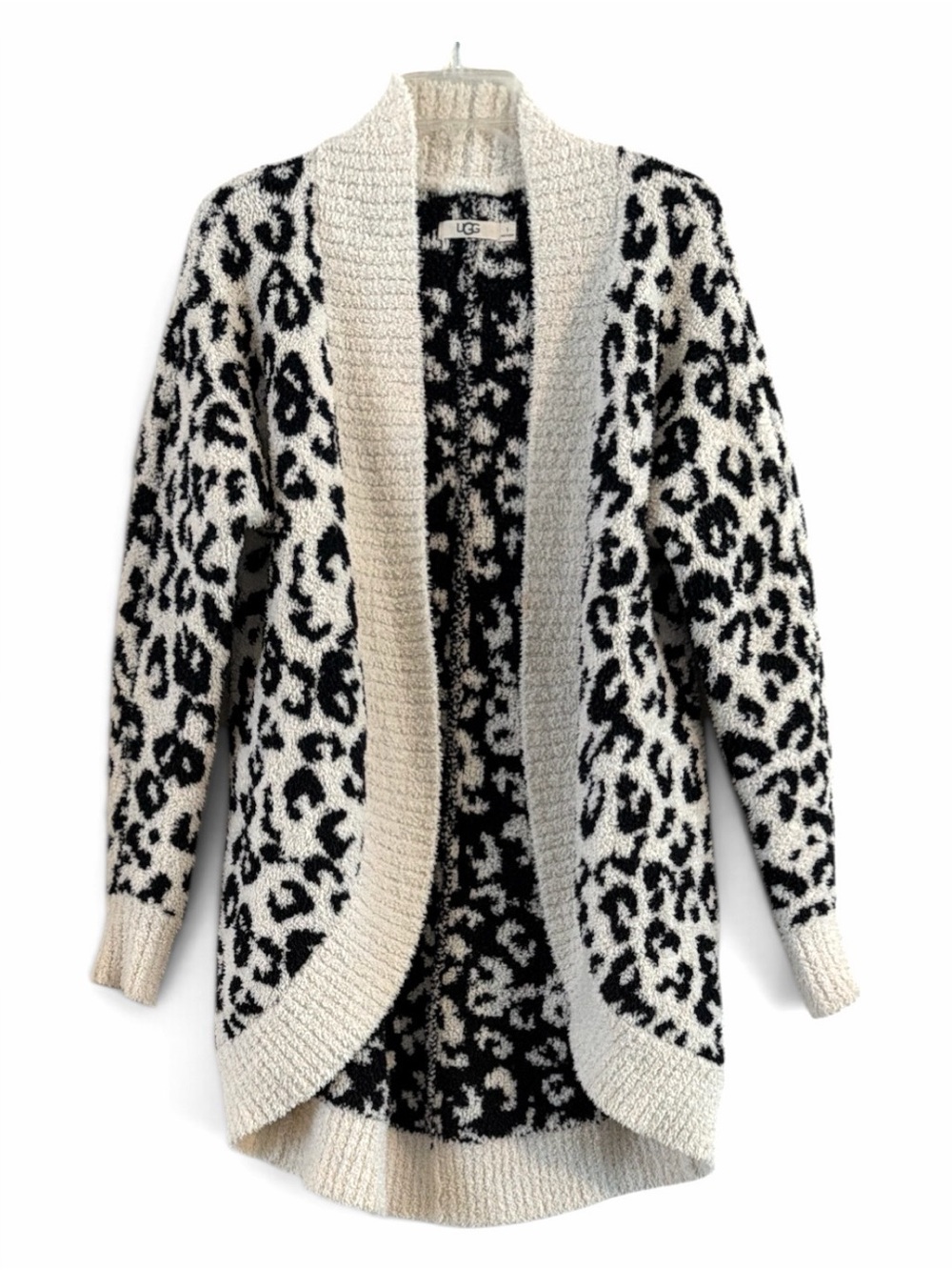 UGG Freemont Black Cream Fuzzy Leopard Open Front Cardigan Sweater Small